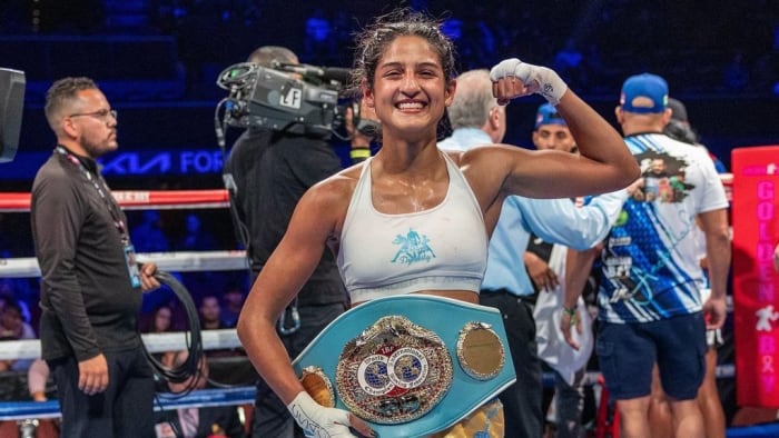Gabriela Fundora with the IBF flyweight belt in her first title fight after fifth-round TKO victory over Mucino in October 2023. She is set to fight Marlen Esparza on 6th January on the undercard of Vergil Ortiz Jr.'s 154-pound debut against Fredrick Lawson. GABRIELA FUNDORA/X.